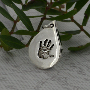 Silver Teardrop Handprint Charm | Charm Bracelets | Sophia Alexander Fingerprint Jewellery | Handmade in Suffolk UK