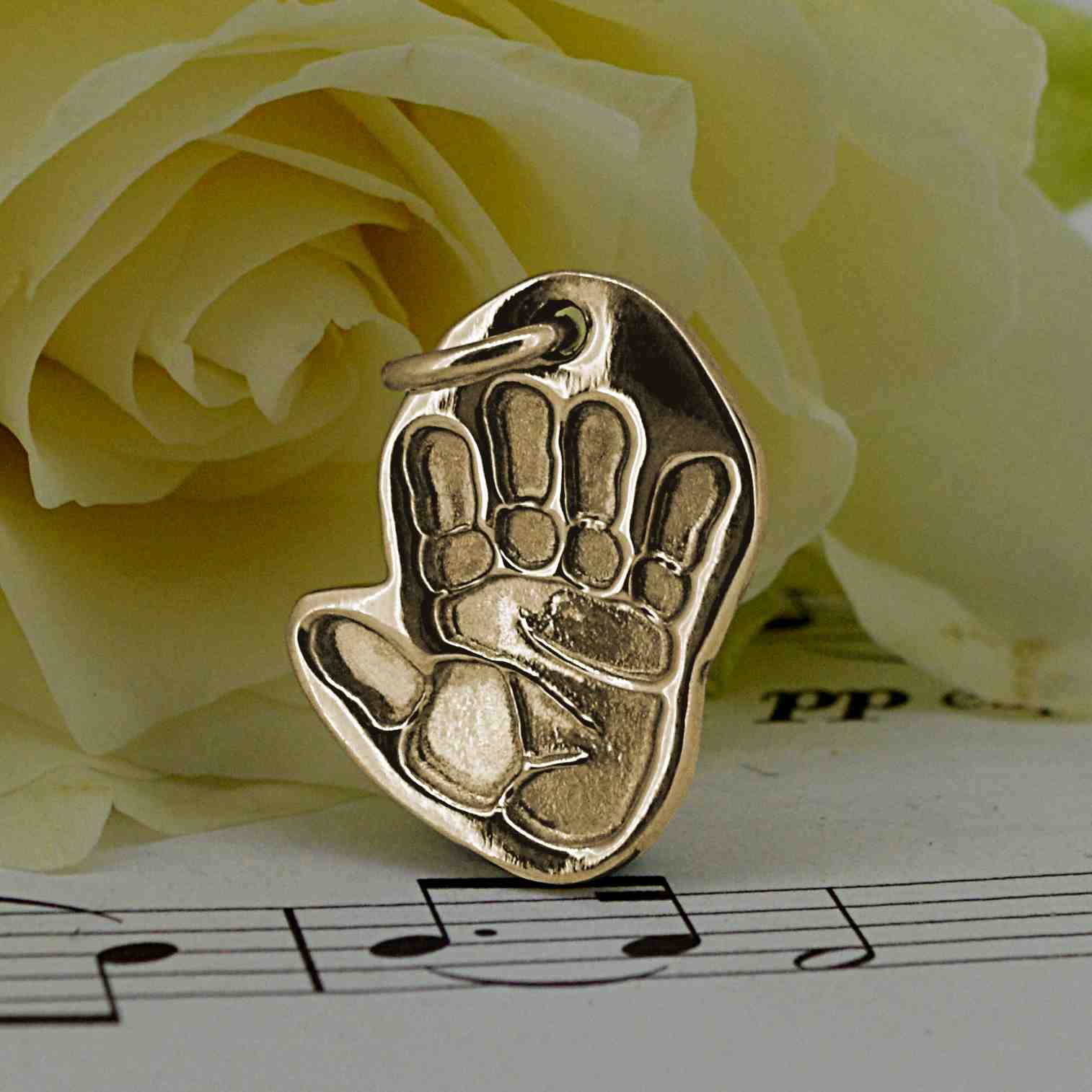 Gold Shaped Handprint Charm | Charm Bracelets | Sophia Alexander Fingerprint Jewellery | Handmade in Suffolk UK