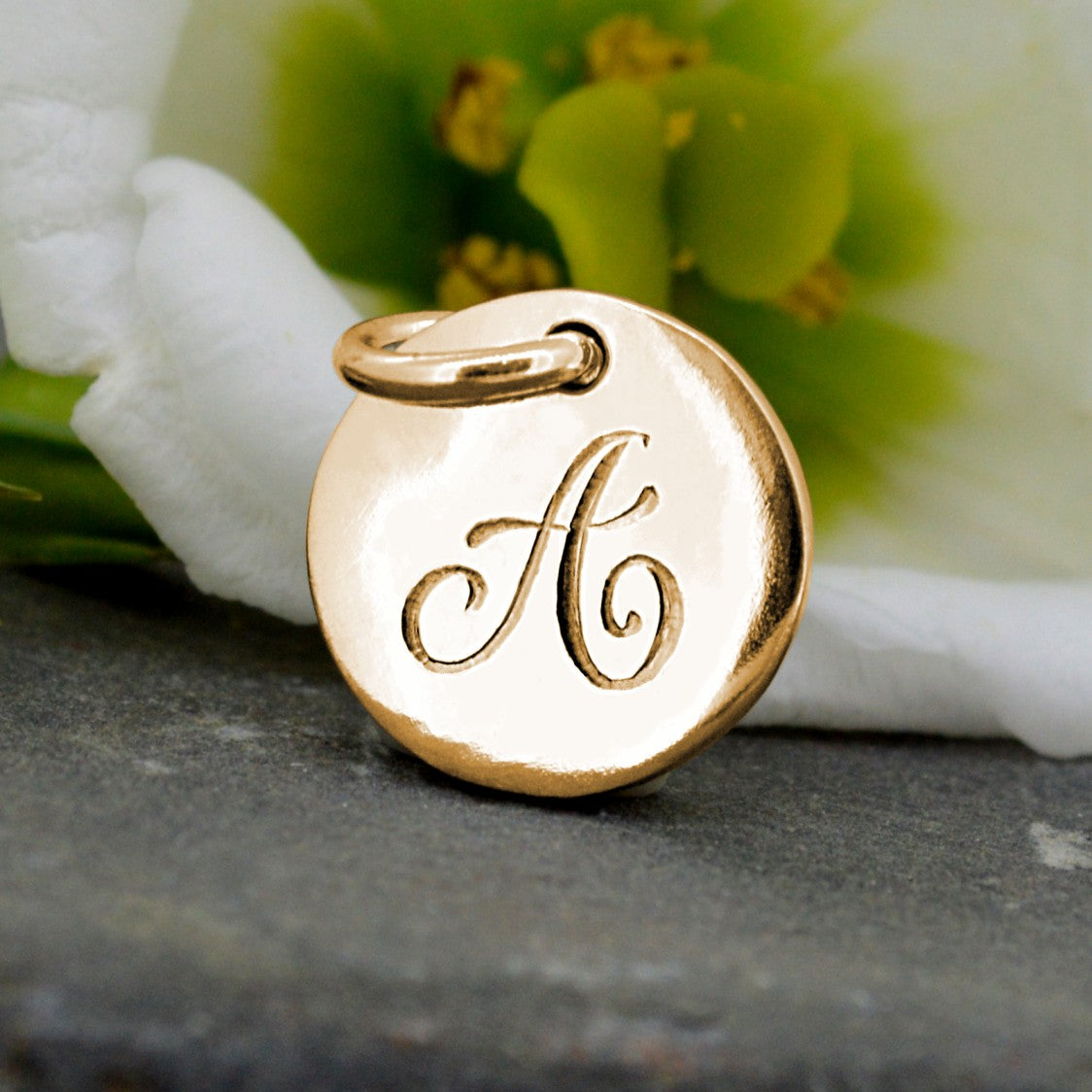 Rose Gold Round Disc Personalised Name Tag Charm | Charm Bracelets | Sophia Alexander Fingerprint Jewellery | Handmade in Suffolk UK