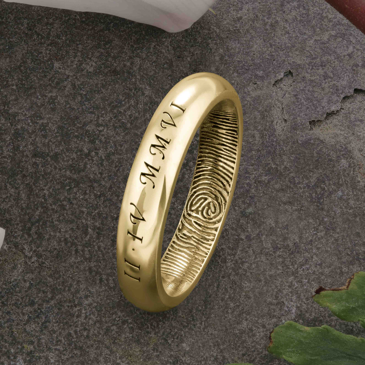 Gold Fingerprint Ring - LASER ENGRAVED GOLD FINGERPRINT RING 4mm COURT PROFILE. Engraved Calligraphy Roman Numeral Date.