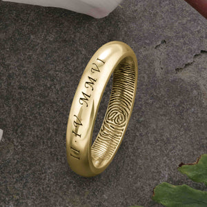 Gold Fingerprint Ring - LASER ENGRAVED GOLD FINGERPRINT RING 4mm COURT PROFILE. Engraved Calligraphy Roman Numeral Date.