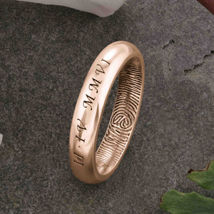 Gold Fingerprint Ring - LASER ENGRAVED ROSE GOLD FINGERPRINT RING 4mm COURT PROFILE. Engraved Calligraphy Roman Numeral Date.