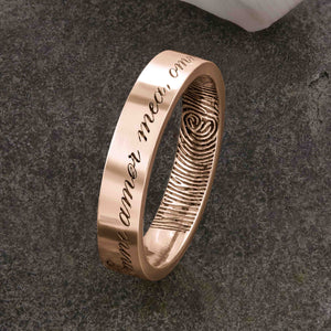 Gold Fingerprint Ring - LASER ENGRAVED ROSE GOLD FINGERPRINT RING 4mm FLAT PROFILE. Engraved Latin Inscription.