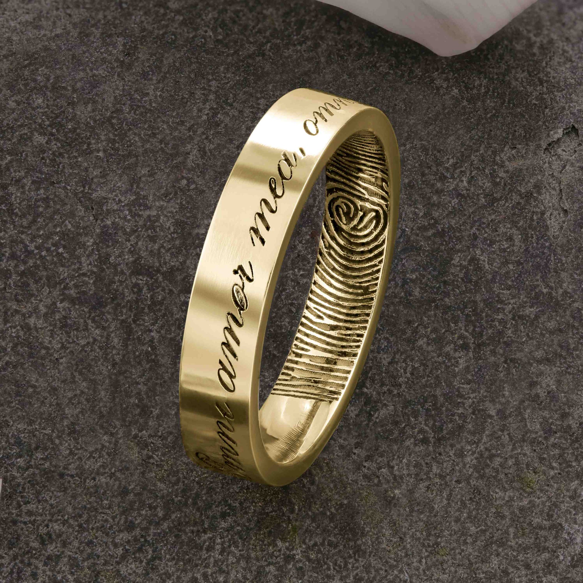 Gold Fingerprint Ring - LASER ENGRAVED GOLD FINGERPRINT RING 4mm FLAT PROFILE. Engraved Latin Inscription.