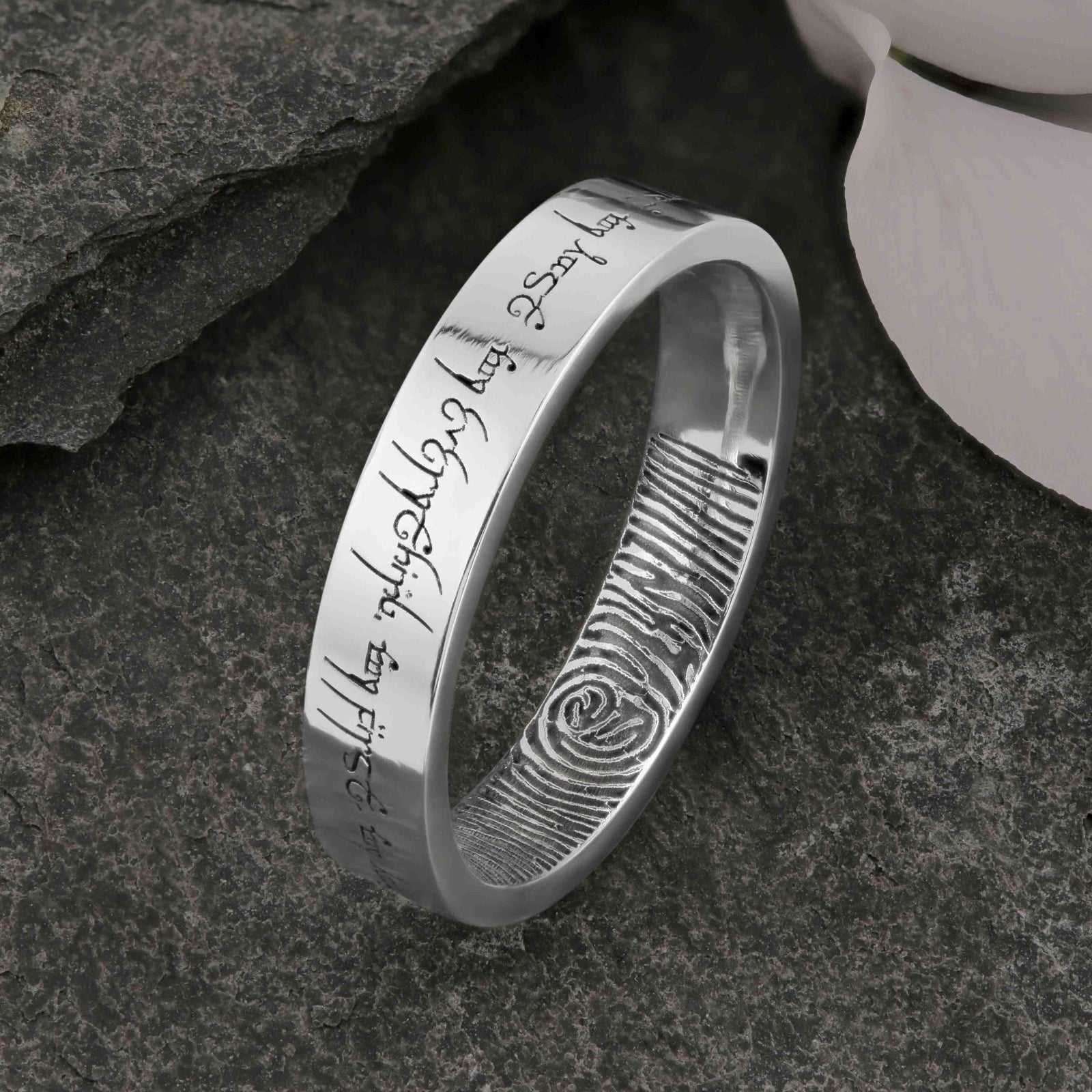 Gold Fingerprint Ring - LASER ENGRAVED WHITE GOLD FINGERPRINT RING 4mm FLAT PROFILE. Engraved Lord of the Rings Style.