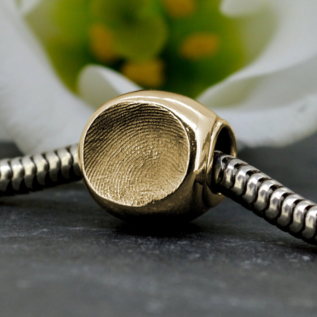 Gold Charm Bead with real Fingerprint | Charm Bracelets | Sophia Alexander Fingerprint Jewellery | Handmade in Suffolk UK