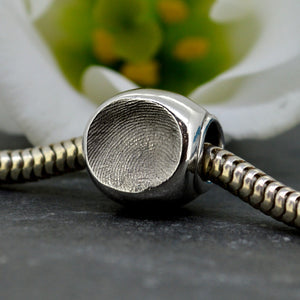 Silver Charm Bead with real Fingerprint | Charm Bracelets | Sophia Alexander Fingerprint Jewellery | Handmade in Suffolk UK
