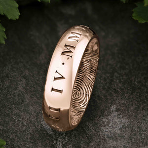 Gold Fingerprint Ring - LASER ENGRAVED ROSE GOLD FINGERPRINT RING 6mm COURT PROFILE. Engraved Roman Numeral Date.