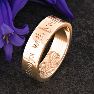 A Rose Gold Wedding Ring with an engraved fingerprint on the inner surface | Engraved with a sentimental message on the outside of the ring | A single diamond set after the words "Always with you" | Hand engraving | Mens 6mm wide, comfort flat court profile ring | Custom personalised wedding jewellery | Sophia Alexander Fingerprint Jewellery | Handmade in Suffolk UK