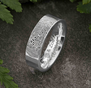 Gold Fingerprint Ring - LASER ENGRAVED WHITE GOLD FINGERPRINT RING 6mm FLAT PROFILE. Engraved Wedding Date.