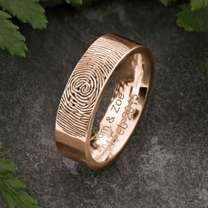 Gold Fingerprint Ring - LASER ENGRAVED ROSE GOLD FINGERPRINT RING 6mm FLAT PROFILE. Engraved Wedding Date.