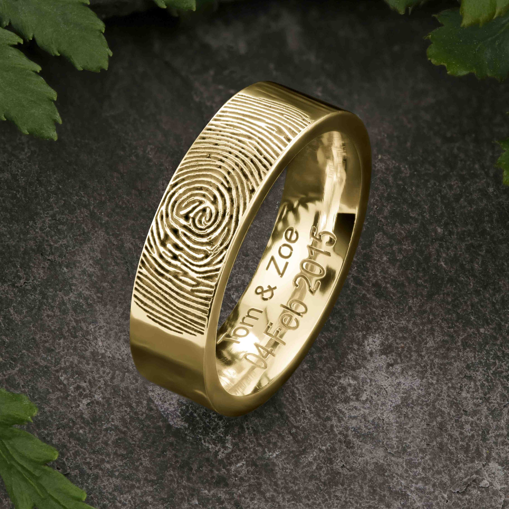 Gold Fingerprint Ring - LASER ENGRAVED GOLD FINGERPRINT RING 6mm FLAT PROFILE. Engraved Wedding Date.