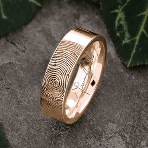 Gold Fingerprint Ring - LASER ENGRAVED ROSE GOLD FINGERPRINT RING 6mm FLAT PROFILE. Engraved Signature.