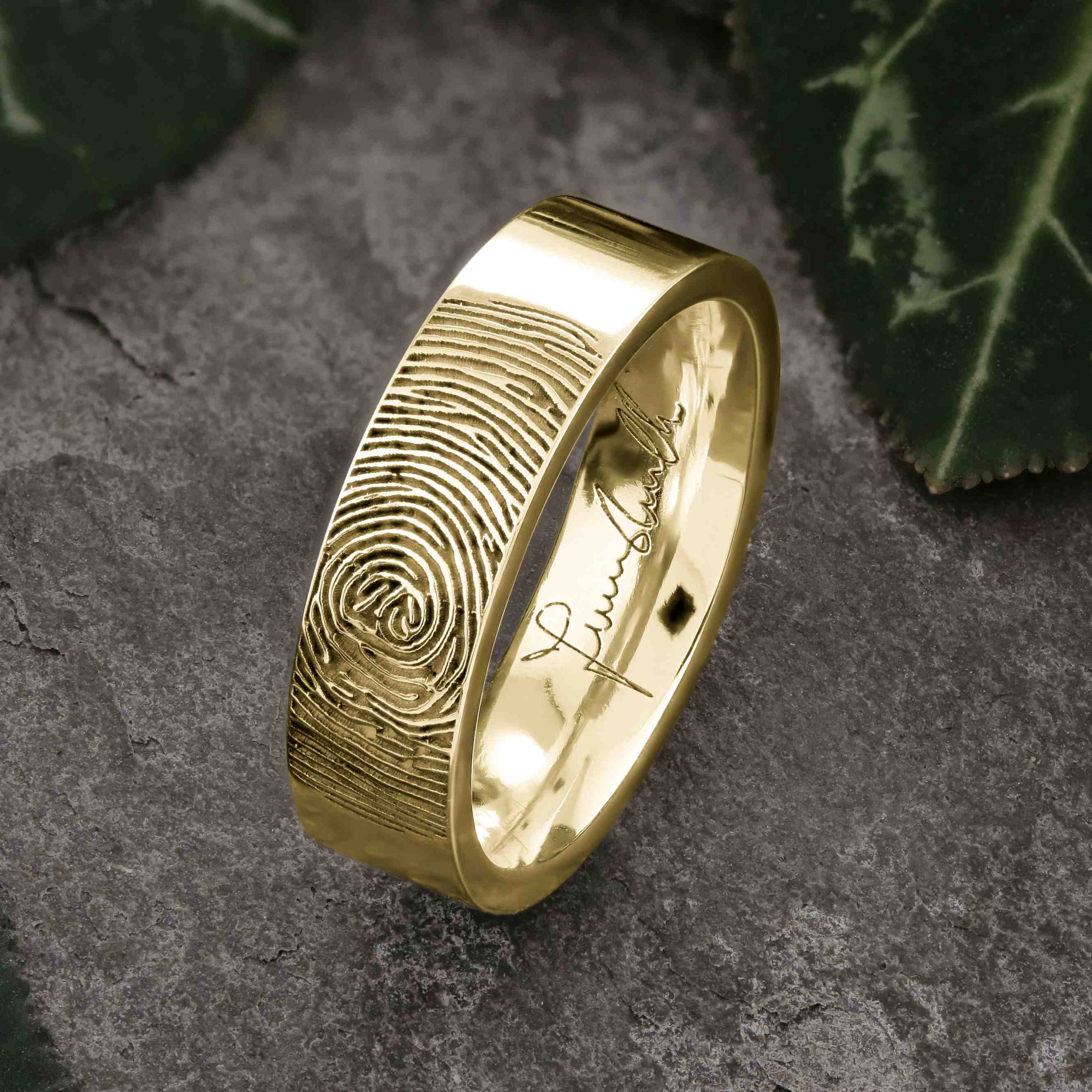 Gold Fingerprint Ring - LASER ENGRAVED GOLD FINGERPRINT RING 6mm FLAT PROFILE. Engraved Signature.
