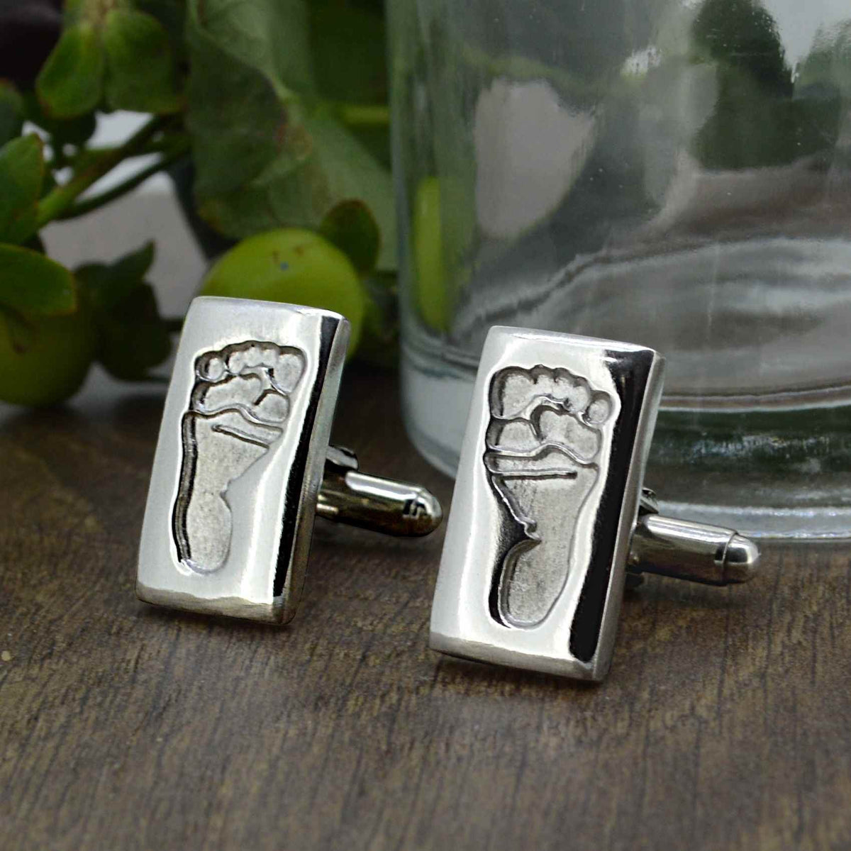 Two Bar shaped cufflinks in solid silver with two children's footprints | Adjustable Cufflink backs | Custom Personalised Gift | Sophia Alexander Fingerprint Jewellery | Handmade in Suffolk UK