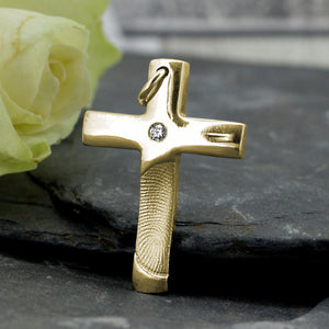 Solid Gold Cross Necklace with real Fingerprint | Diamond set | Personalised Necklace | Sophia Alexander Fingerprint Jewellery | Handmade in Suffolk UK