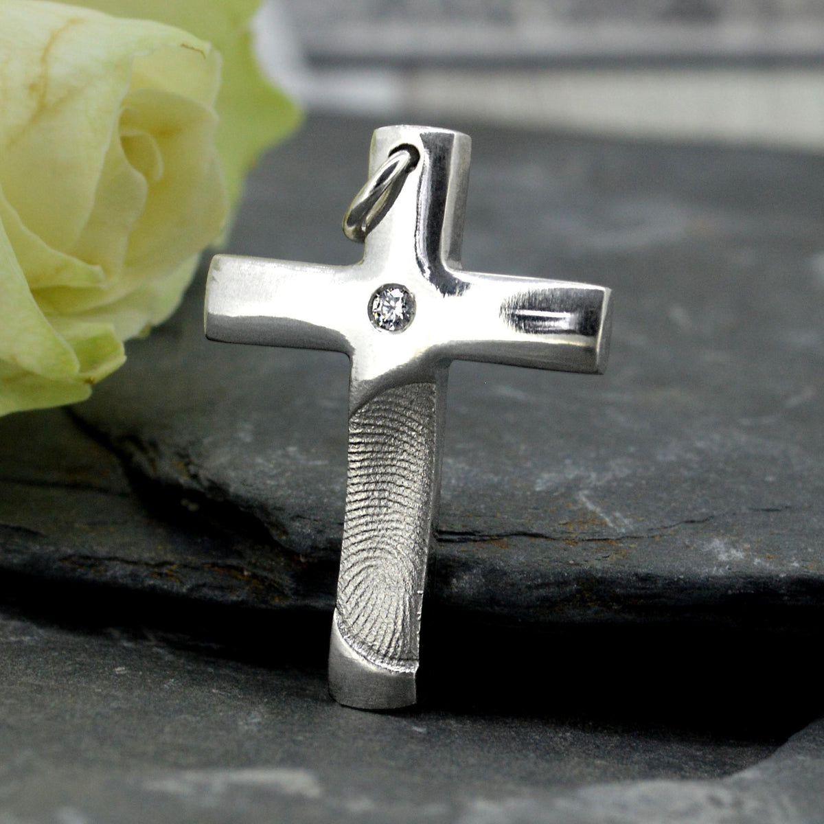 Solid White Gold Cross Necklace with real Fingerprint | Diamond set | Personalised Necklace | Sophia Alexander Fingerprint Jewellery | Handmade in Suffolk UK