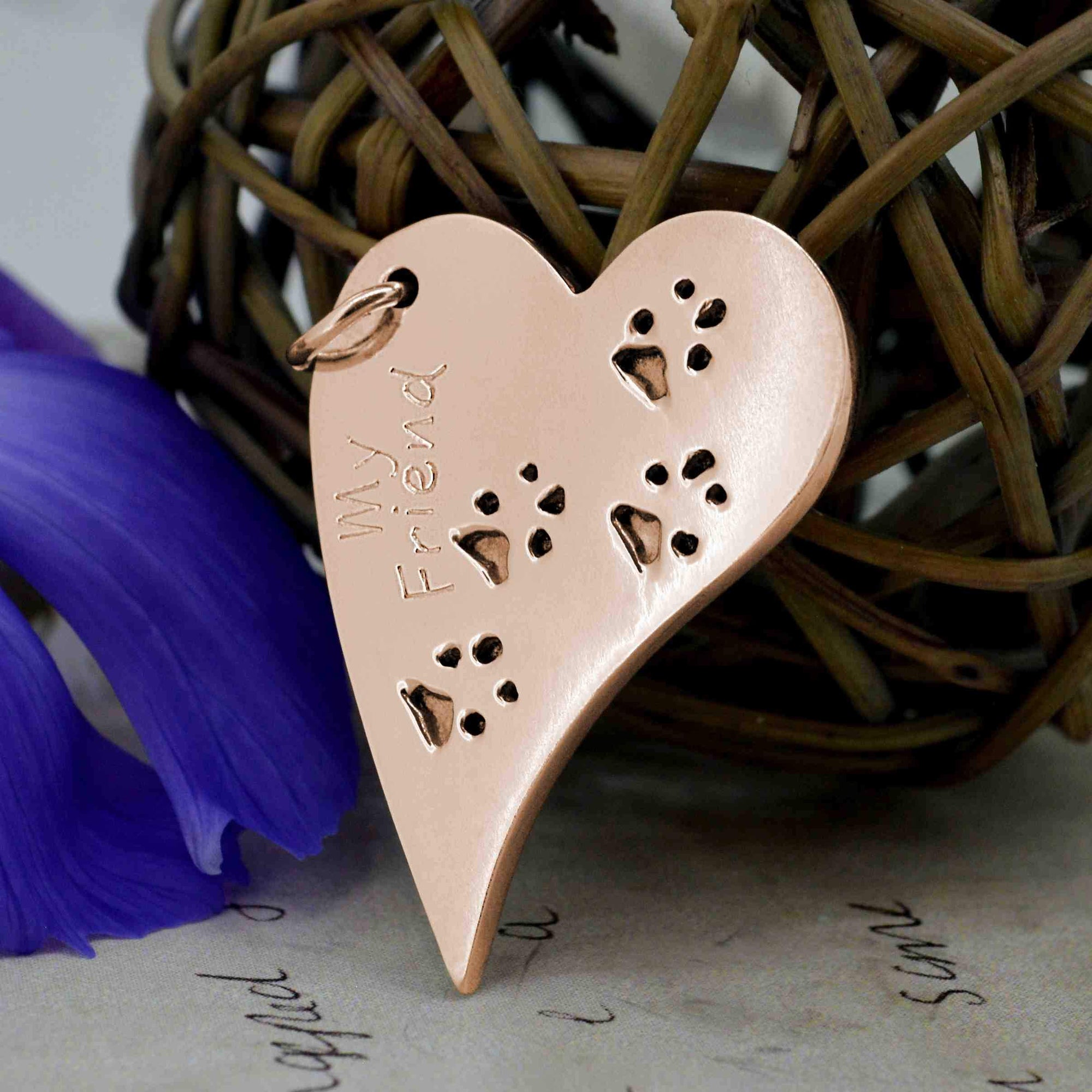 Large heart-shaped Rose Gold dog pawprint Necklace with engraving | Personalised Equine Gift | Sophia Alexander Fingerprint Jewellery | Handmade in Suffolk UK