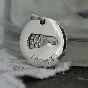 Silver Engraved Disc Baby Footprint Necklace | Personalised Name Necklace | Sophia Alexander Fingerprint Jewellery | Handmade in Suffolk UK