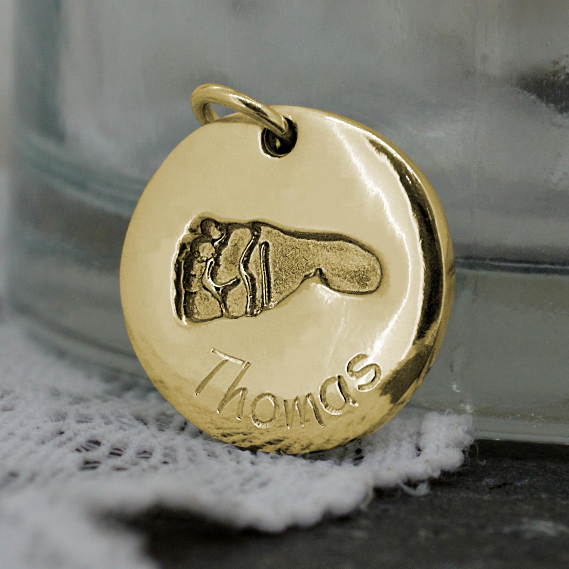 Gold Engraved Disc Baby Footprint Necklace | Personalised Name Necklace | Sophia Alexander Fingerprint Jewellery | Handmade in Suffolk UK