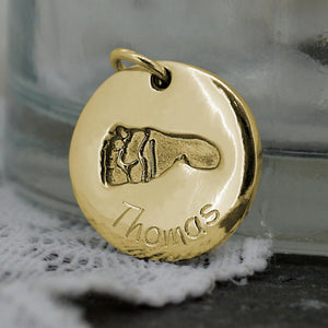 Gold Engraved Disc Baby Footprint Necklace | Personalised Name Necklace | Sophia Alexander Fingerprint Jewellery | Handmade in Suffolk UK