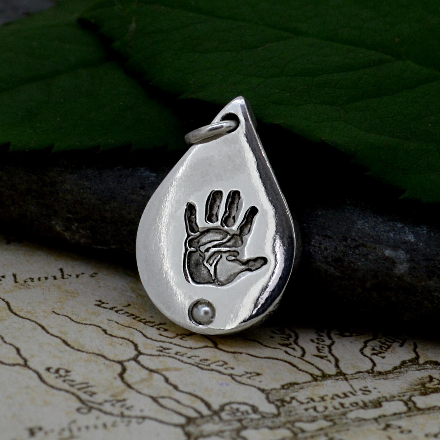 Silver, Pearl Handprint Necklace | Personalised Necklace | Sophia Alexander Fingerprint Jewellery | Handmade in Suffolk UK