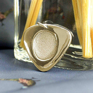 Solid Gold Guitar pick style pendant with real fingerprint | Personalised Necklace | Sophia Alexander Fingerprint Jewellery | Handmade in Suffolk UK