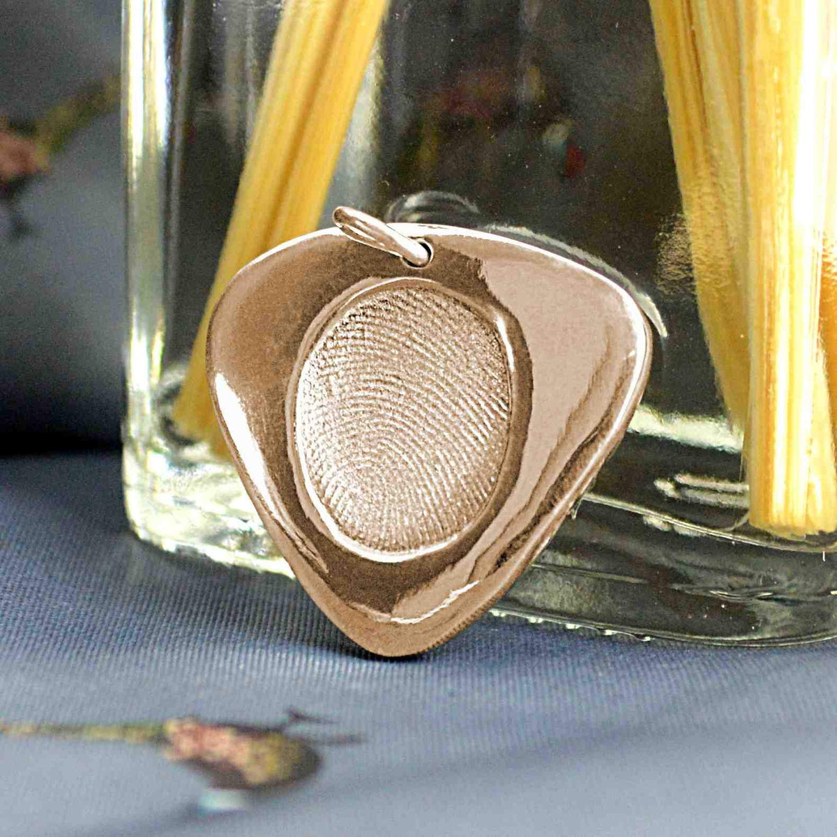 Solid Rose Gold Guitar pick style pendant with real fingerprint | Personalised Necklace | Sophia Alexander Fingerprint Jewellery | Handmade in Suffolk UK