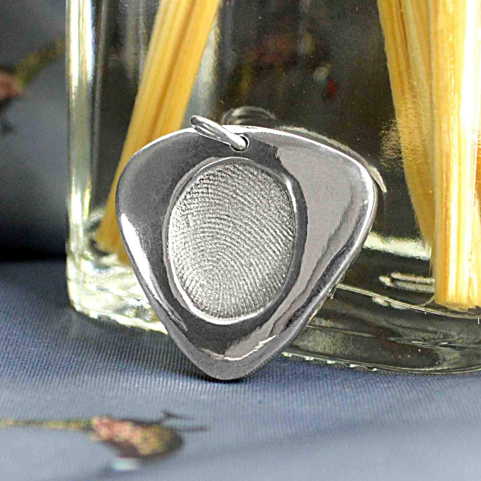 Solid Silver Guitar pick style pendant with real fingerprint | Personalised Necklace | Sophia Alexander Fingerprint Jewellery | Handmade in Suffolk UK