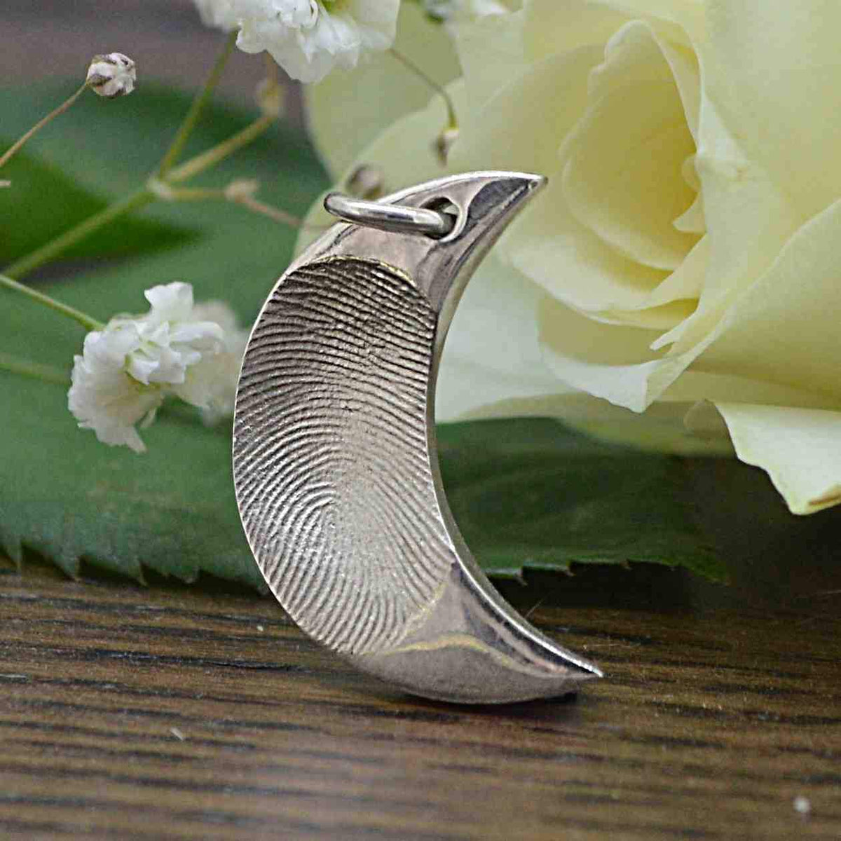 Silver Half Moon Fingerprint Necklace | Personalised Necklace | Sophia Alexander Fingerprint Jewellery | Handmade in Suffolk UK