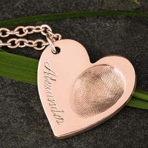 Rose Gold Engraved Heart Fingerprint Necklace | Personalised Necklace | Sophia Alexander Fingerprint Jewellery | Handmade in Suffolk UK