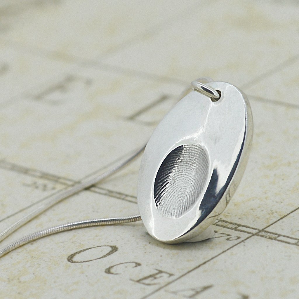 Silver Engraved Oval Fingerprint Necklace | Personalised Name Necklace | Sophia Alexander Fingerprint Jewellery | Handmade in Suffolk UK