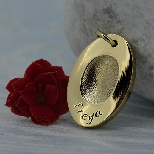 Gold Engraved Oval Fingerprint Necklace | Personalised Name Necklace | Sophia Alexander Fingerprint Jewellery | Handmade in Suffolk UK