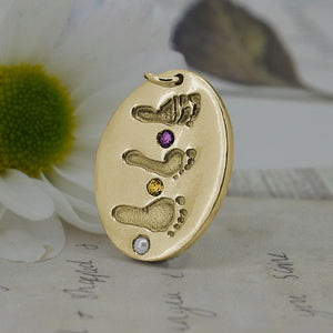 Gold Oval Baby footprints Necklace with gemstones | Personalised Necklace | Sophia Alexander Fingerprint Jewellery | Handmade in Suffolk UK