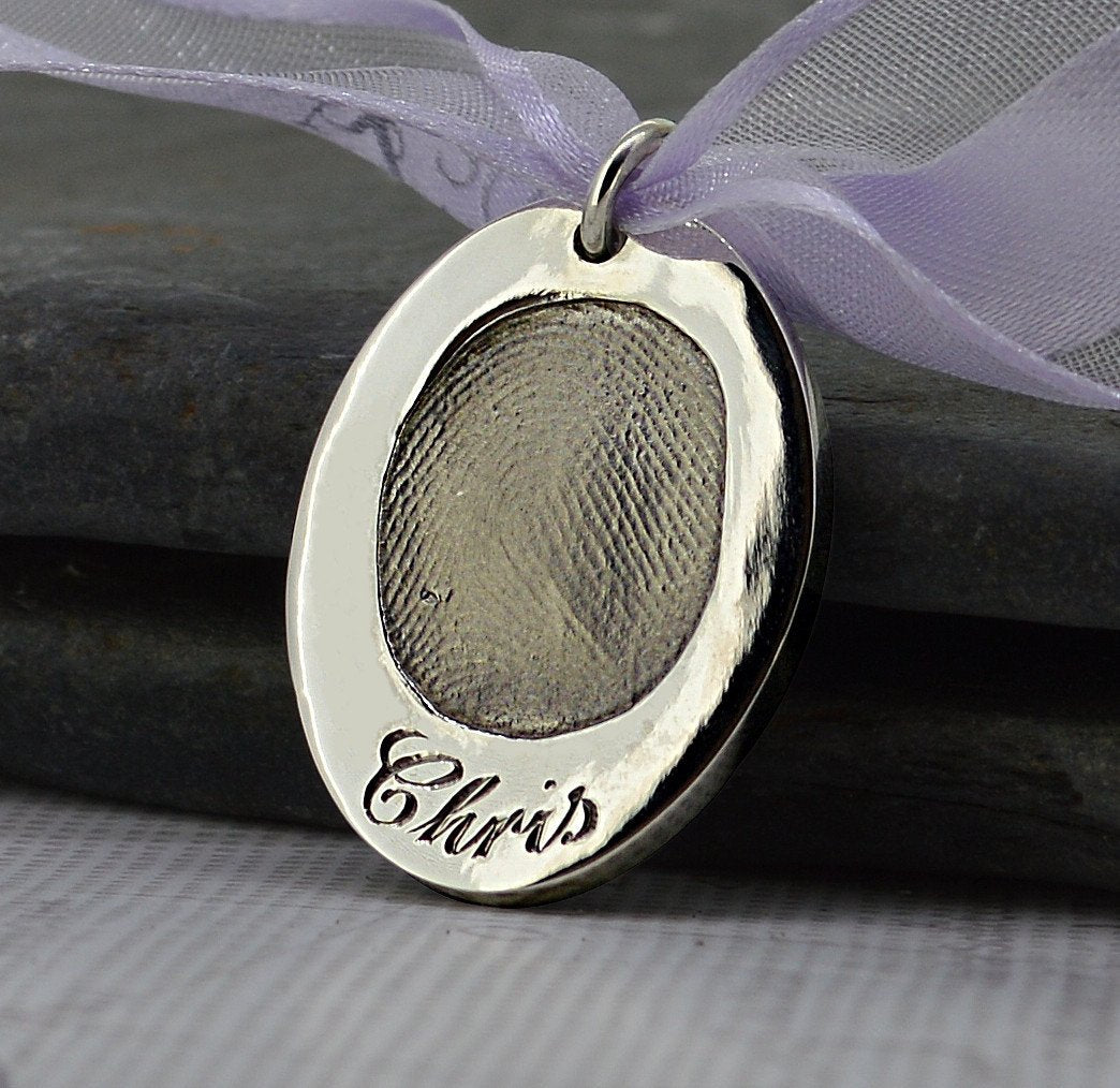 Gold Oval Fingerprint Necklace with engraved name | Personalised Necklace | Sophia Alexander Fingerprint Jewellery | Handmade in Suffolk UK