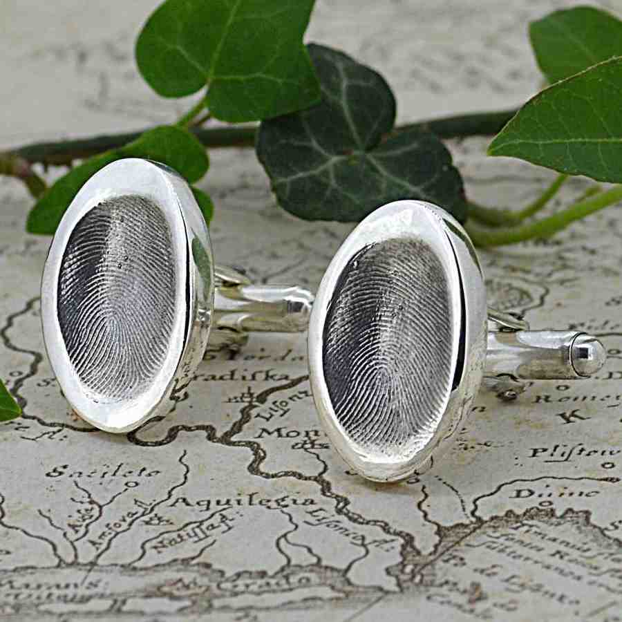 Two oval shaped cufflinks in solid silver with two children's fingerprints | Adjustable Cufflink backs | Custom Personalised Gift | Sophia Alexander Fingerprint Jewellery | Handmade in Suffolk UK