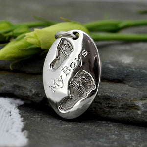 Silver Engraved Oval footprint Necklace | Personalised Necklace | Sophia Alexander Fingerprint Jewellery | Handmade in Suffolk UK