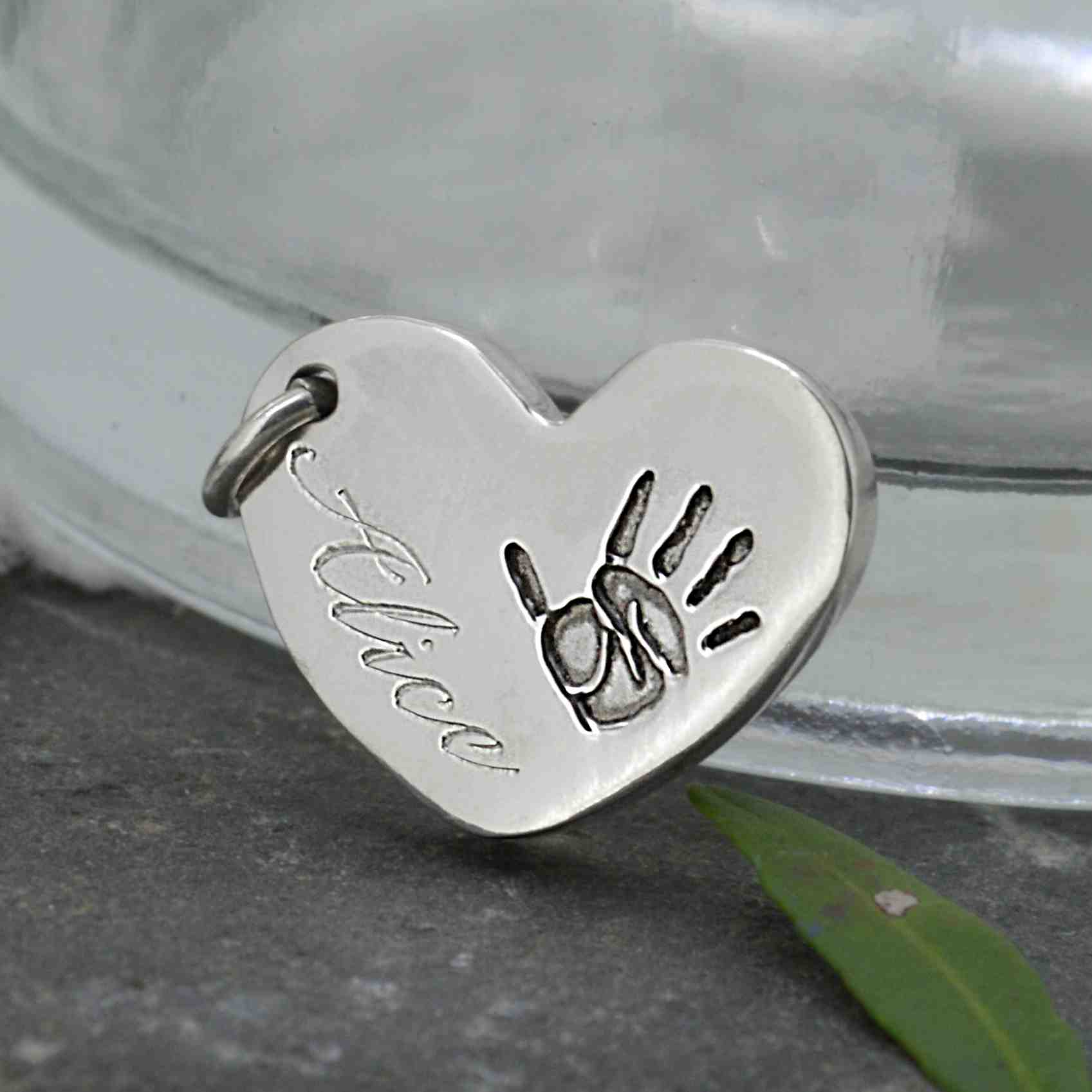 Silver Engraved Heart Handprint Necklace | Personalised Necklace | Sophia Alexander Fingerprint Jewellery | Handmade in Suffolk UK
