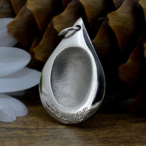 Silver Raindrop shaped Fingerprint Necklace with engraved name | Personalised Necklace | Sophia Alexander Fingerprint Jewellery | Handmade in Suffolk UK
