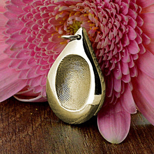 Large solid Gold Raindrop shaped Fingerprint Necklace | Personalised Necklace | Sophia Alexander Fingerprint Jewellery | Handmade in Suffolk UK