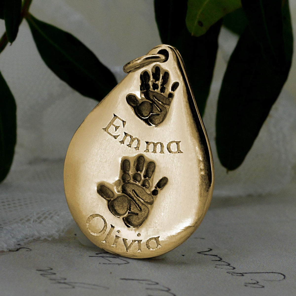 Large heart shaped baby Handprint Necklace in solid gold | Personalised Necklace | Sophia Alexander Fingerprint Jewellery | Handmade in Suffolk UK