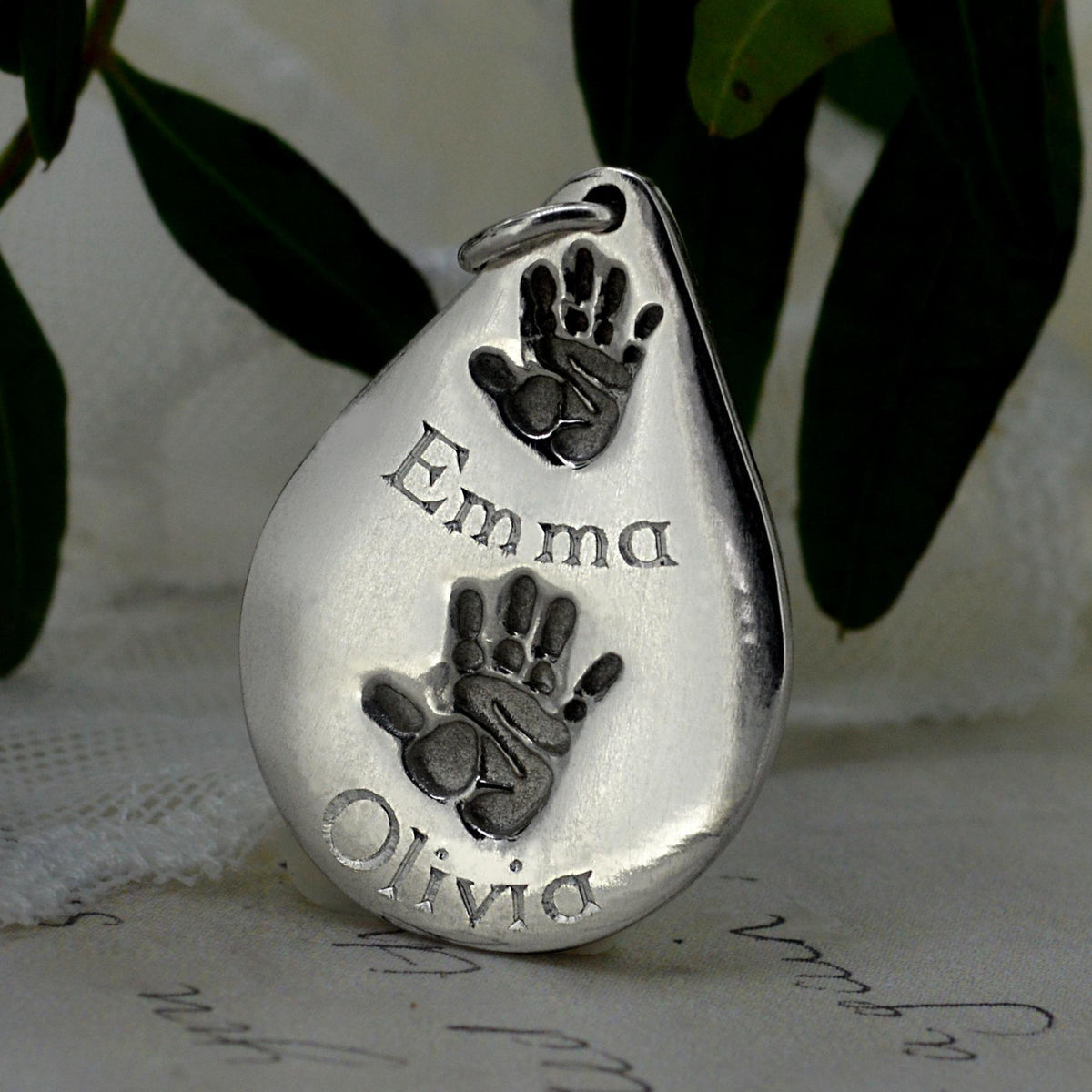 Large heart shaped baby Handprint Necklace in white gold | Personalised Necklace | Sophia Alexander Fingerprint Jewellery | Handmade in Suffolk UK