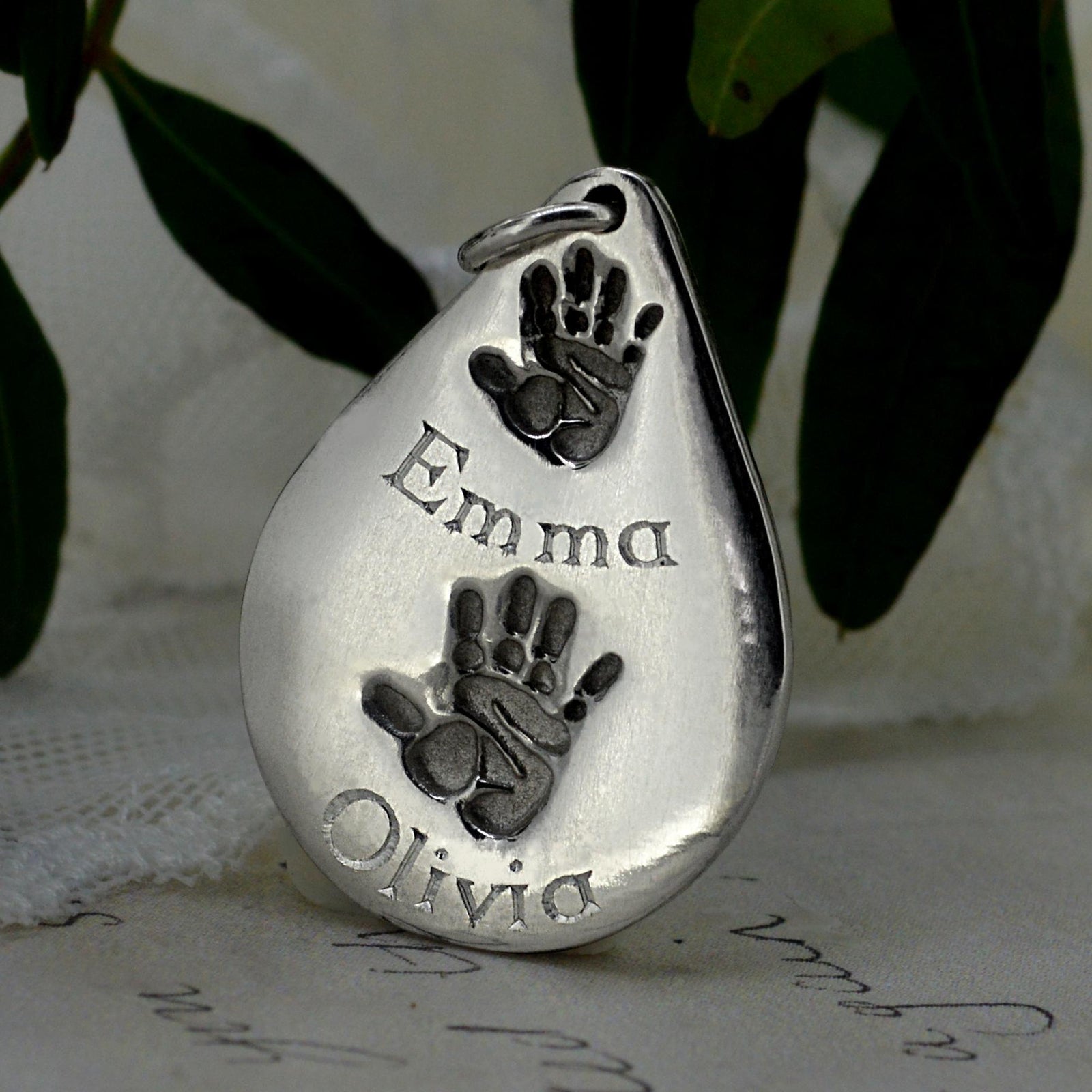 Large heart shaped baby Handprint Necklace in white gold | Personalised Necklace | Sophia Alexander Fingerprint Jewellery | Handmade in Suffolk UK