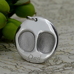 Silver Disc shaped necklace with real Fingerprints | Engraved with Dad | Personalised Necklace | Sophia Alexander Fingerprint Jewellery | Handmade in Suffolk UK