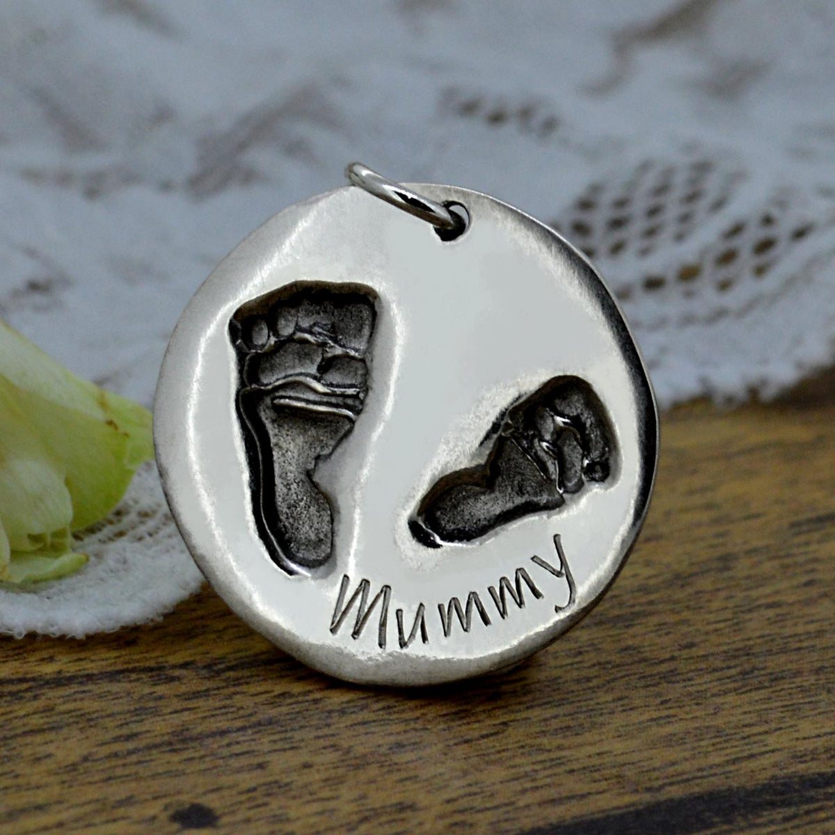 Large Disc shaped necklace in solid silver with real baby Footprints | Engraved with Mummy | Personalised Necklace | Sophia Alexander Fingerprint Jewellery | Handmade in Suffolk UK