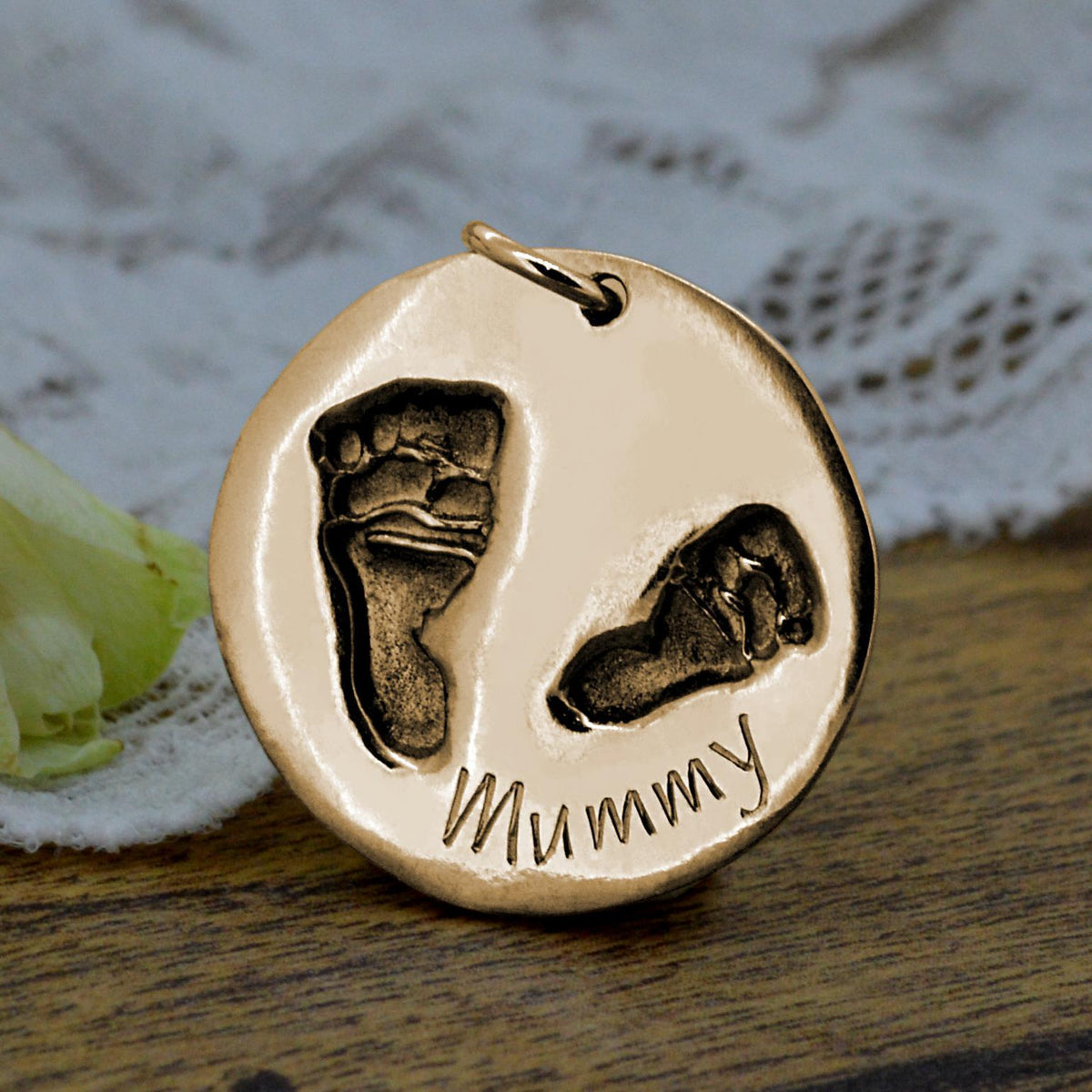 Large Disc shaped necklace in rose gold with real baby Footprints | Engraved with Mummy | Personalised Necklace | Sophia Alexander Fingerprint Jewellery | Handmade in Suffolk UK