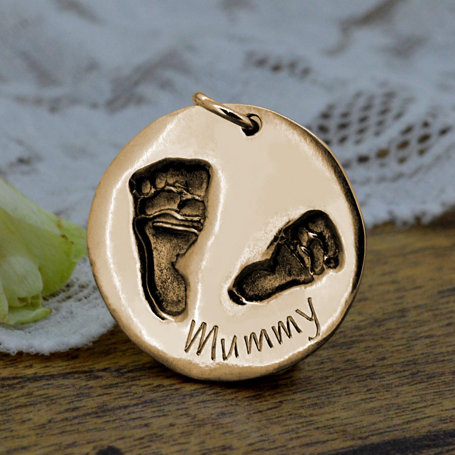 Large Disc shaped necklace in rose gold with real baby Footprints | Engraved with Mummy | Personalised Necklace | Sophia Alexander Fingerprint Jewellery | Handmade in Suffolk UK