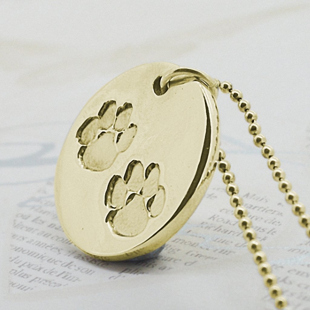 Large disc-shaped solid Gold dog paw print Necklace | Personalised Equine Gift | Sophia Alexander Fingerprint Jewellery | Handmade in Suffolk UK