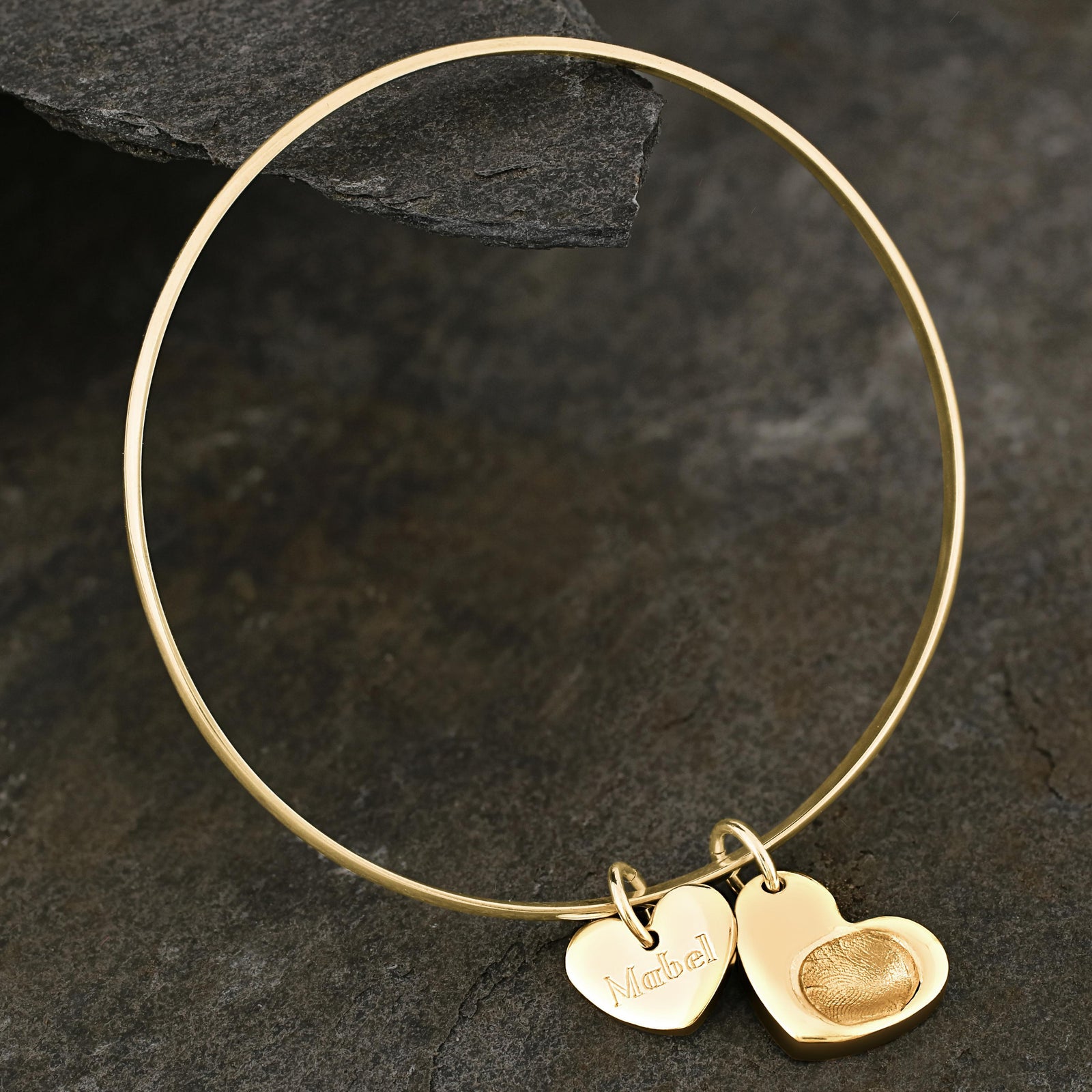 GOLD SHAPED BANGLE BRACELET WITH HEART FINGERPRINT CHARM