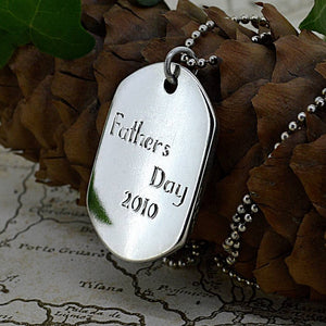 Large dog tag style Pendant in solid silver | Engraved with Fathers Day | Shown on a ball chain | Personalised Gift | Sophia Alexander Fingerprint Jewellery | Handmade in Suffolk UK
